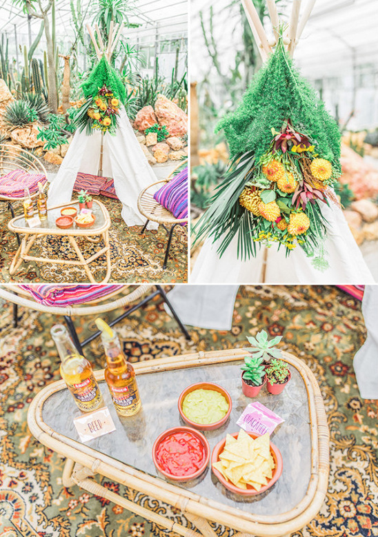 Bohemian Mexican party setup with teepee and delicious snacks