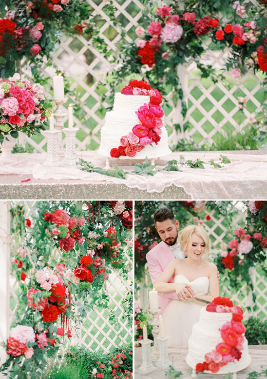 lattice cake table backdrop with red floral accents