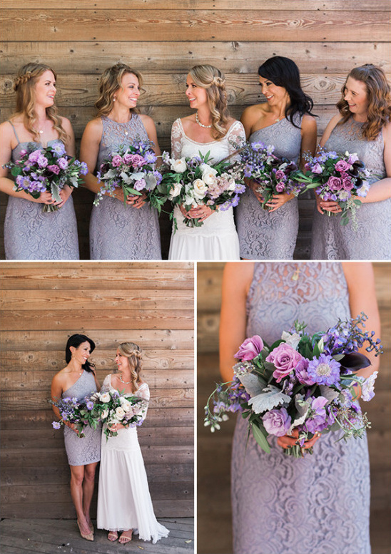 Bridesmaids in purple with matching bouquets