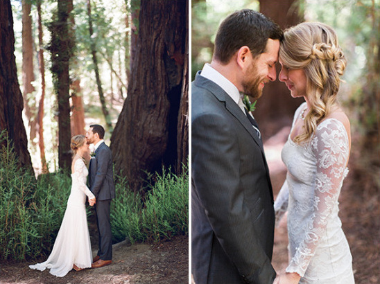 Romantic wedding in the forest with a beautiful couple embracing each other
