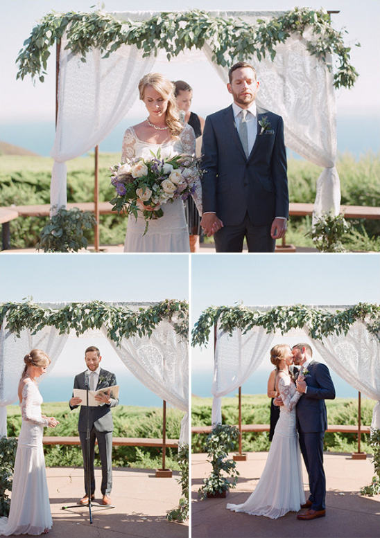 Beautiful outdoor wedding ceremony with bride and groom