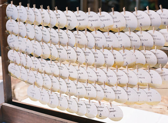 Wedding seating chart with guest names written on small cards