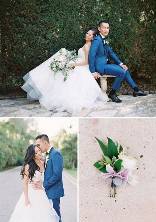 Elegant bride and groom in blue suit wedding photo