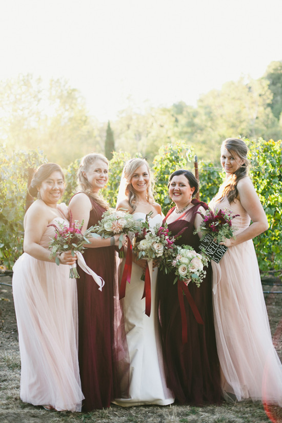 pink and deep red bridesmaids