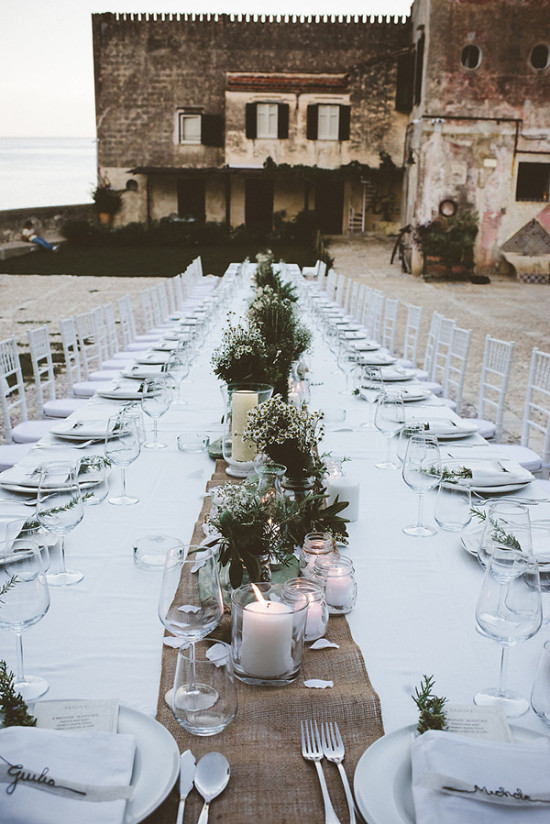 White and green reception table decor