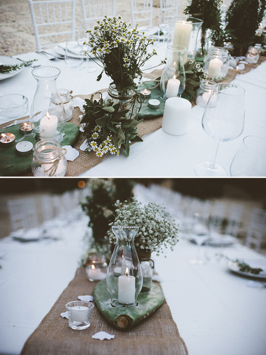 Greenery table decor with cactus and daisys