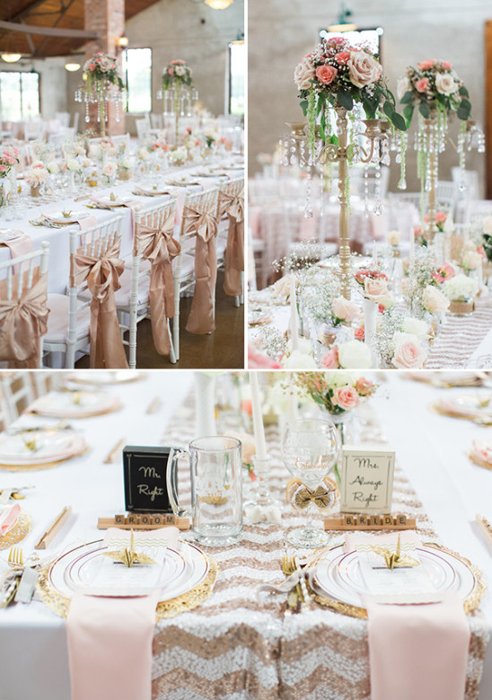 pink gold and white chevron reception