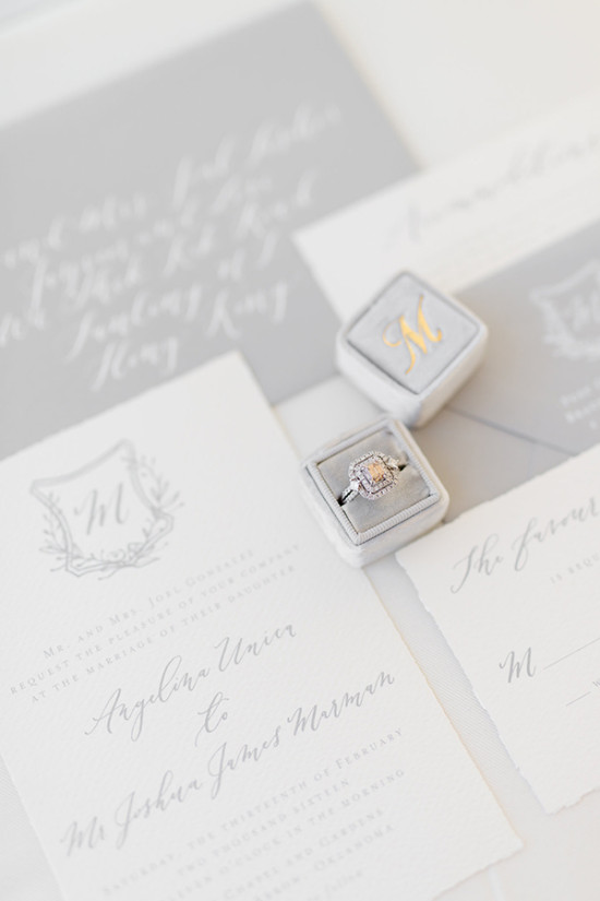 grey and white wedding stationery and ring box