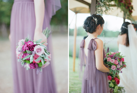 purple bridesmaid with purple and pink bouquet