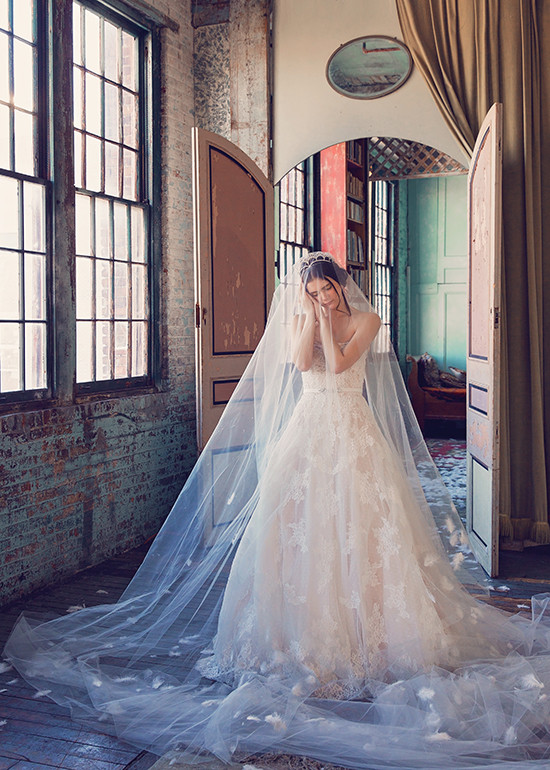Bride in lace gown poses emotionally with long veil
