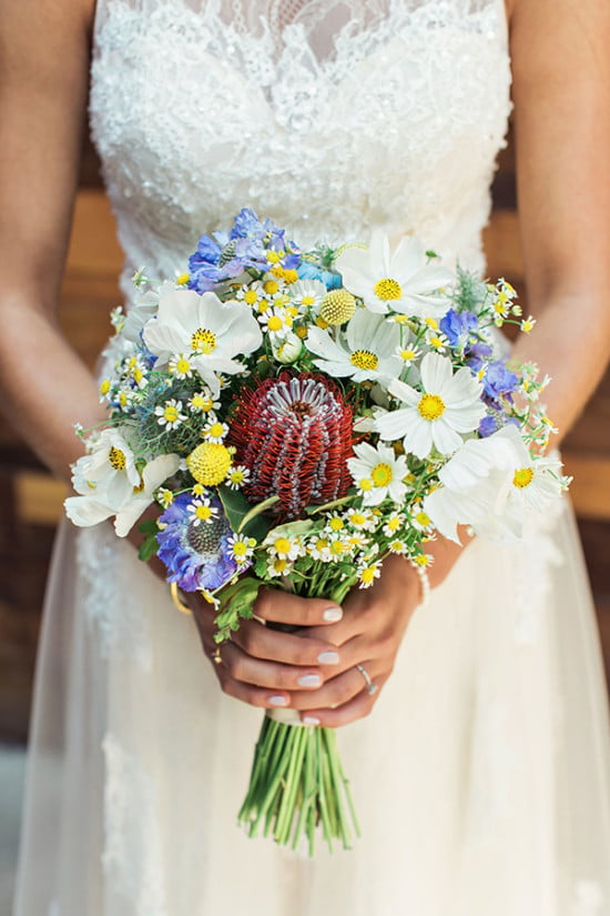 Pretty blue and yellow wedding bouquet