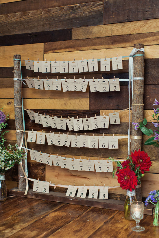 Rustic wood seating chart with tags