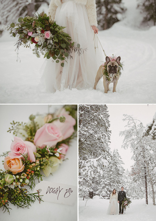Snowy winter wedding details for the dog