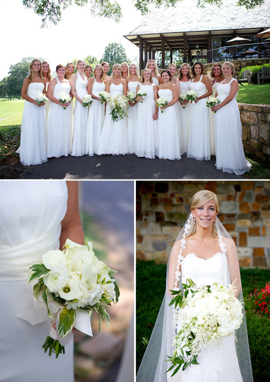 Bridesmaids in white floor length dresses