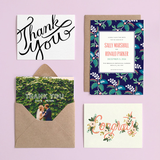 Cards with wedding thank you and congrats messages on purple