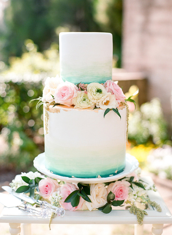 teal and gold watercolor cake