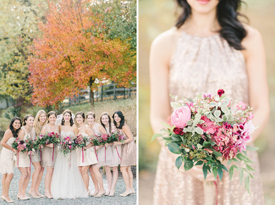 Wedding party with a bride, bridesmaids holding bouquets