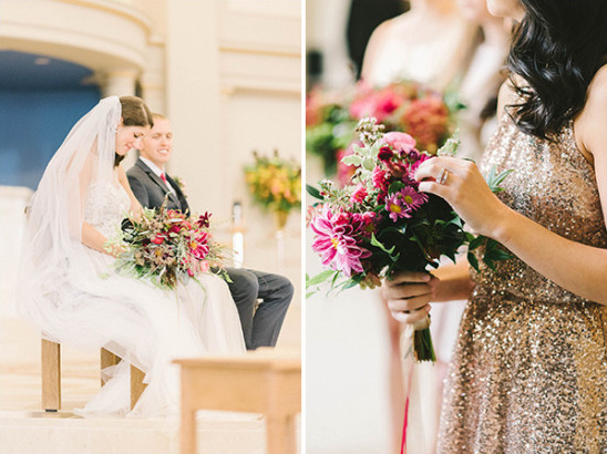 Bride and groom at the wedding ceremony with bridesmaid and bouquet