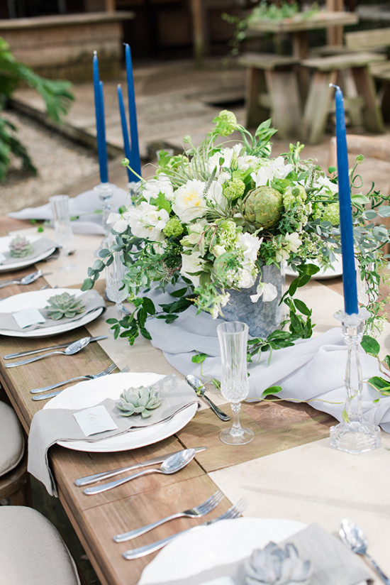blue and green organic table decor