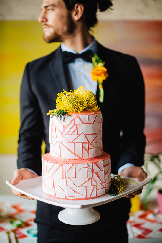 peach and white geometric wedding cake