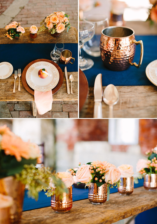 rustic modern peach copper and blue table decor