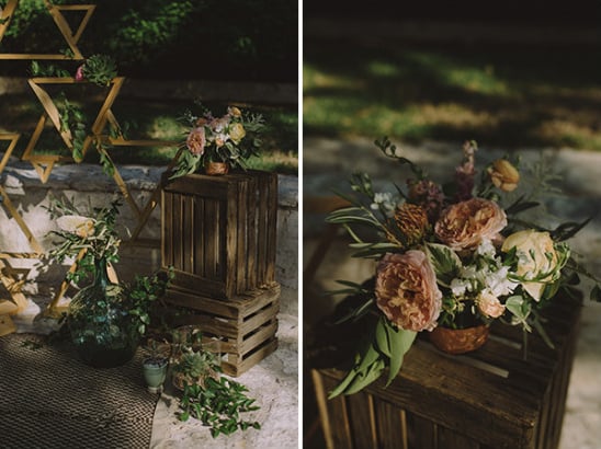 Wood crates and floral ceremony decor