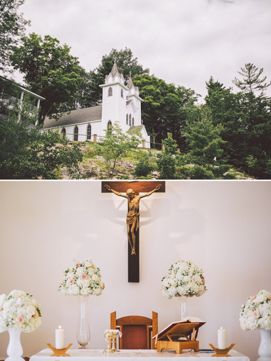 White church exterior and altar decorated with flowers