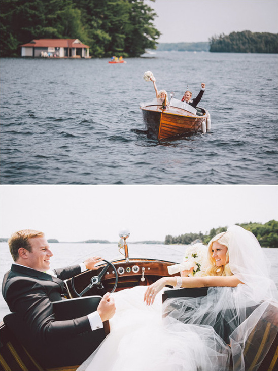 Wedding couple in boat on lake celebrating their marriage