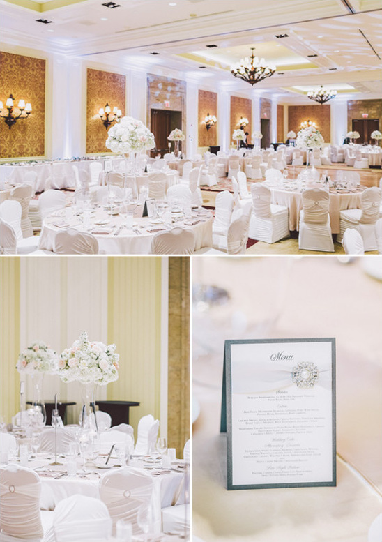 Elegant wedding reception venue with flower centerpieces and tables