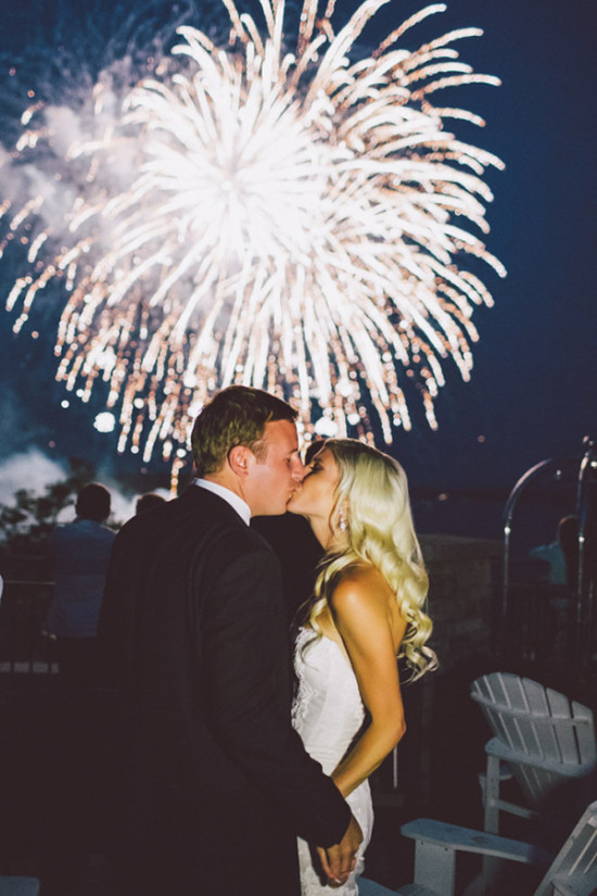 Wedding fireworks show and kiss