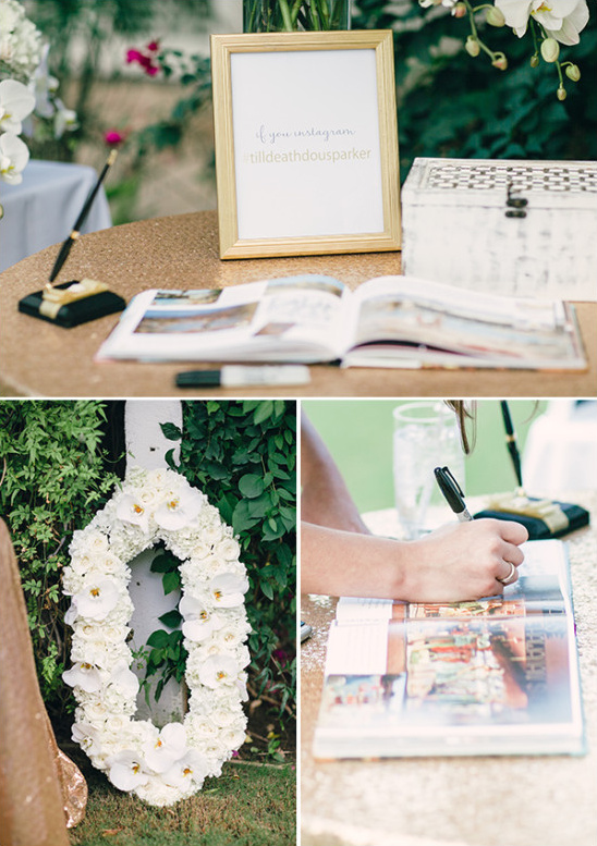 White and gold guestbook table details