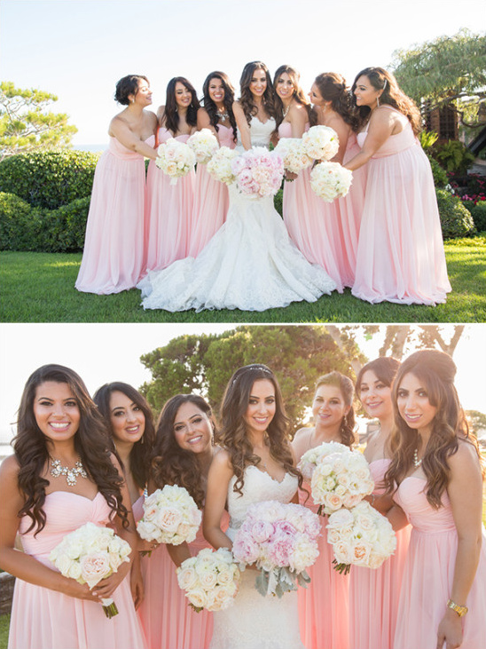 Bridesmaids in long blush dresses