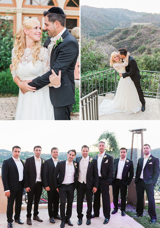 classic tux groomsmen with peach bow ties