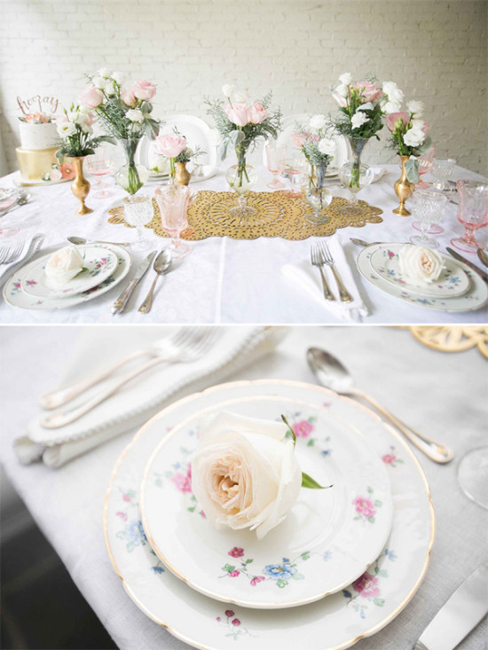 pink white and gold table decor
