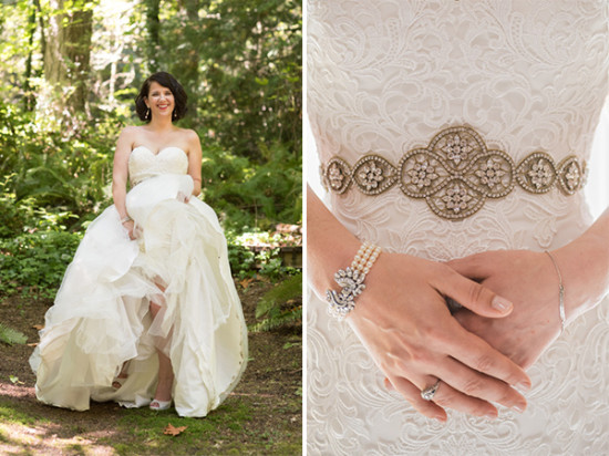 Beautiful bride in a lace wedding dress with ornate belt smiling