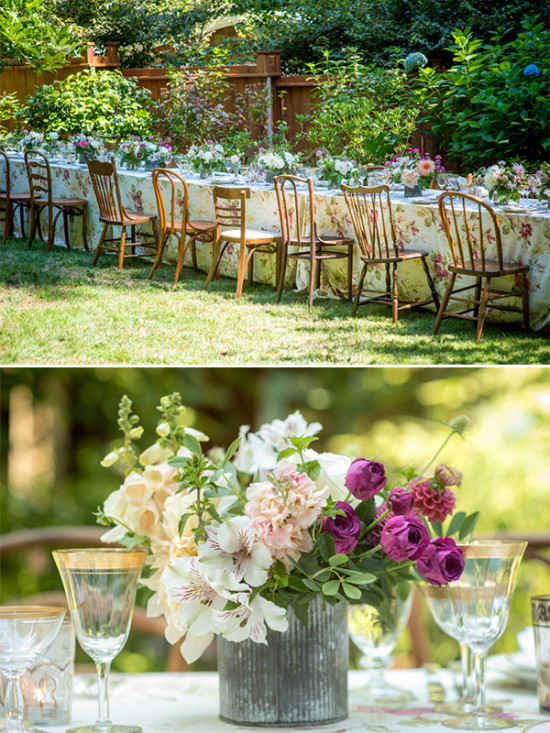 Elegant outdoor table setting with floral decorations and chairs