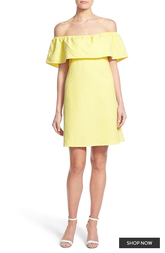 Yellow off-the-shoulder dress on a model, perfect for summer wear