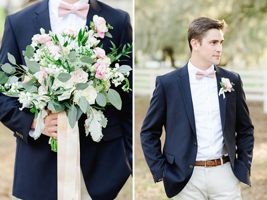 bouquet and navy blue groom look