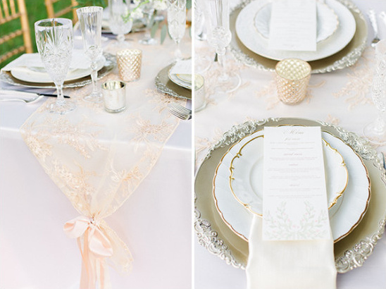 soft peach lace and silver table decor