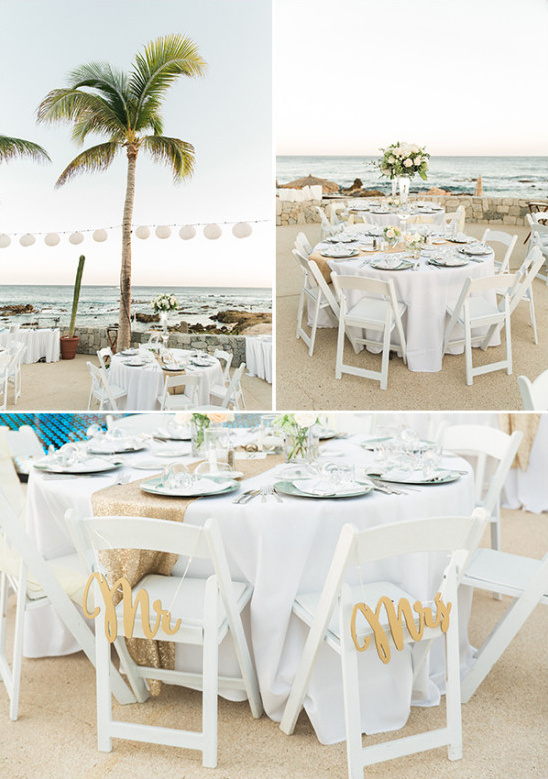 white and teal beach wedding reception