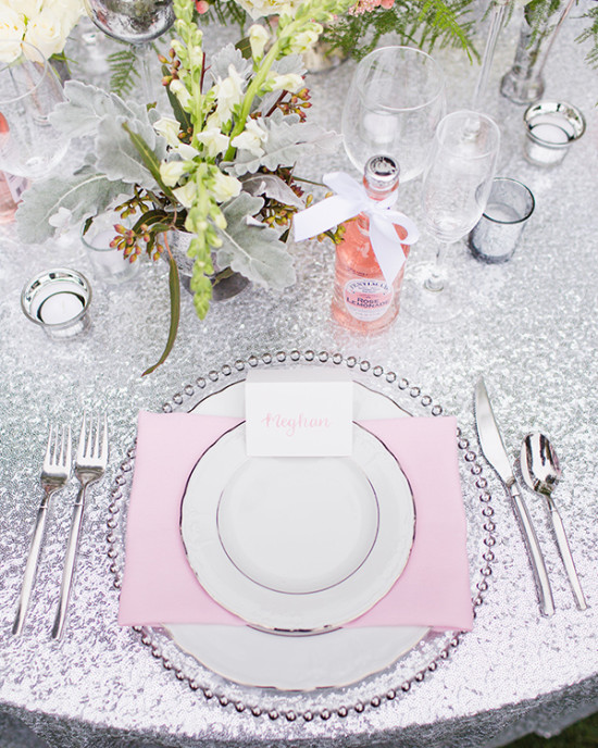 pink and silver place setting
