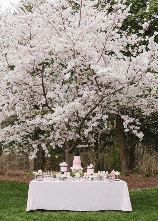 wedding cake dessert table in black and pink