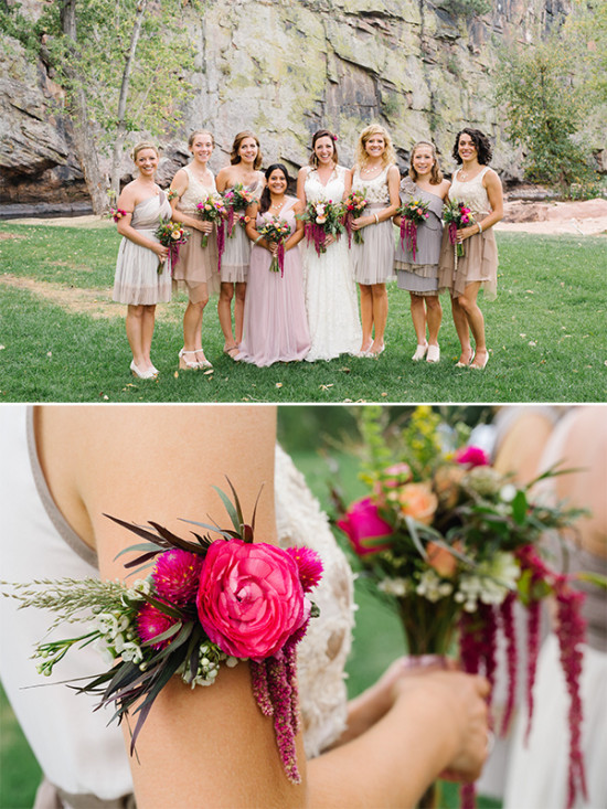 Bridesmaids with bouquets pose at a beautiful outdoor wedding ceremony