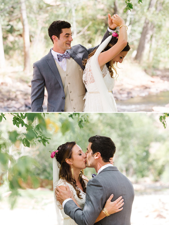 Happy couple dancing then kissing at their wedding ceremony