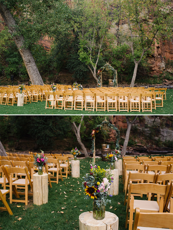 Outdoor wedding ceremony setup with wooden chairs and flowers
