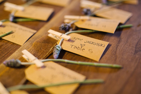 Wedding name tags with lavender sprigs for table setting detail