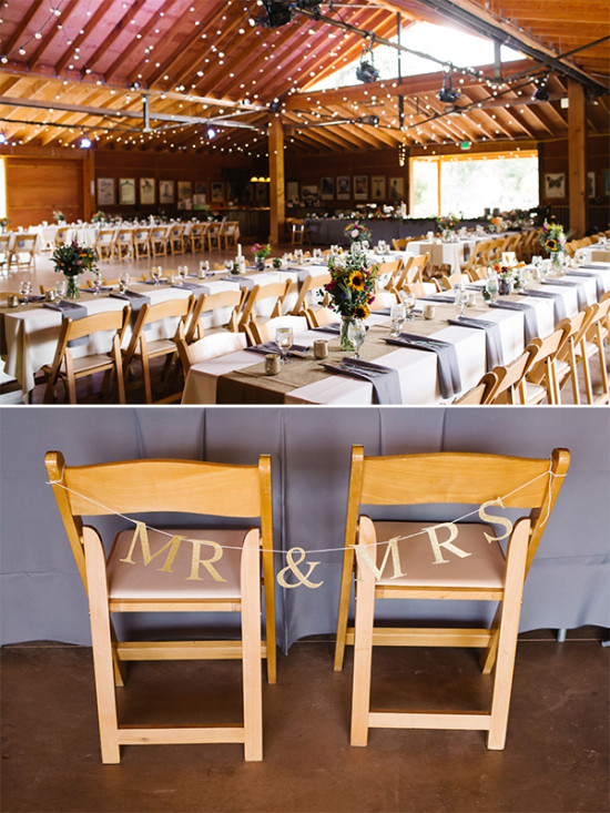 Elegant wedding reception venue decorated with flowers and lights