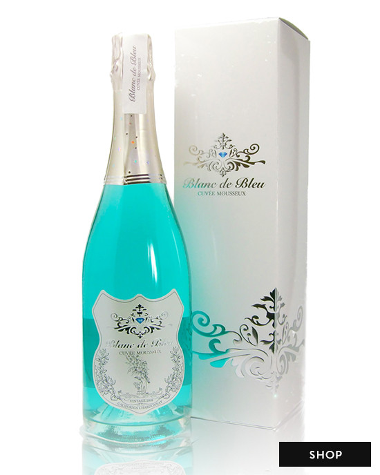 Blanc de Bleu sparkling wine bottle with stunning blue liquid