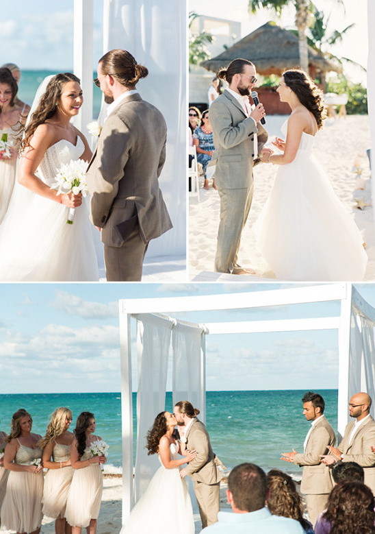 Beach wedding ceremony with bride and groom exchanging vows
