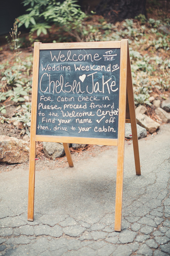 Wedding welcome sign for Chelsea and Jake, cabin check-in details